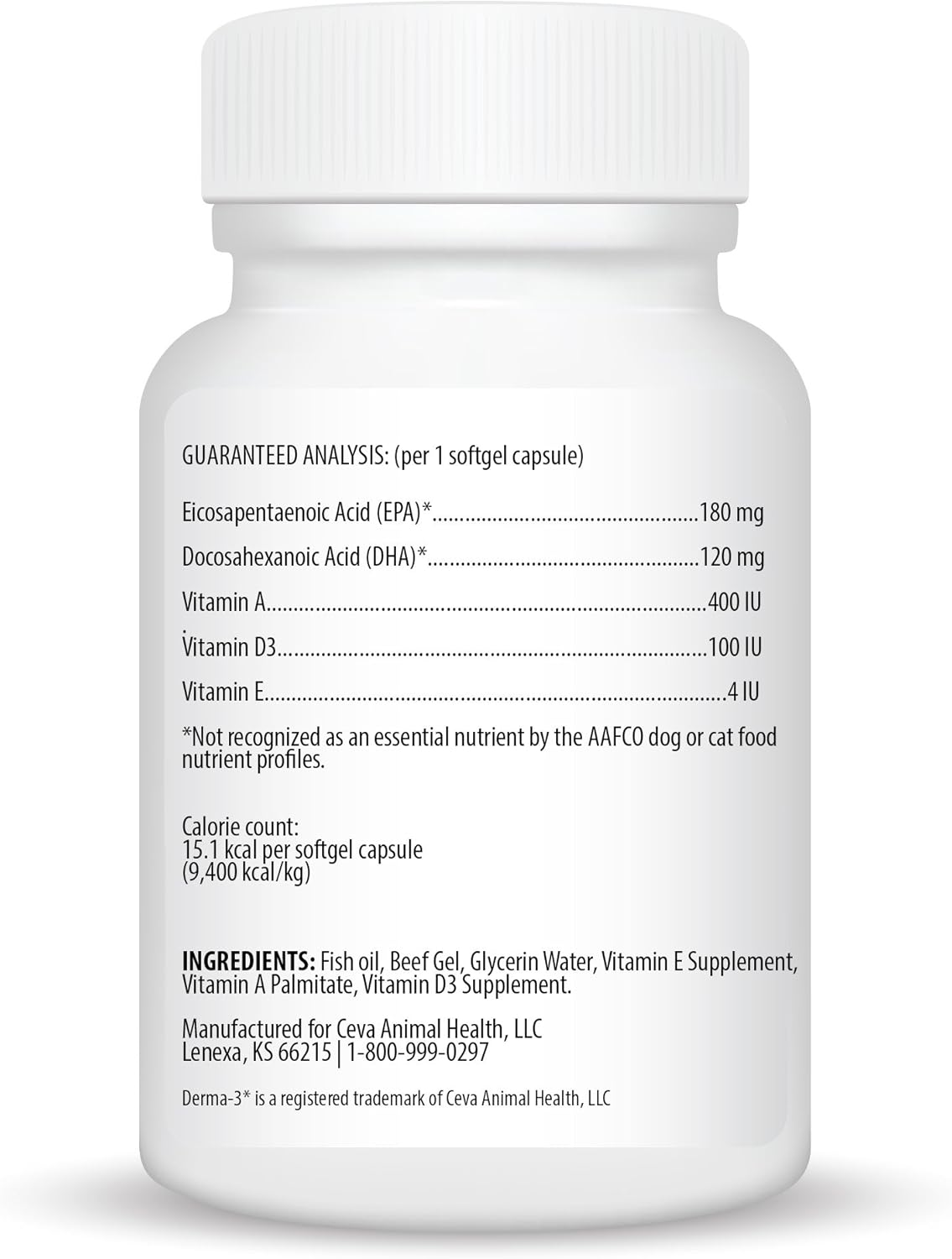 Ceva Derma-3 Omega-3 Fatty Acid & Vitamins for Medium Dogs (60 soft gels)