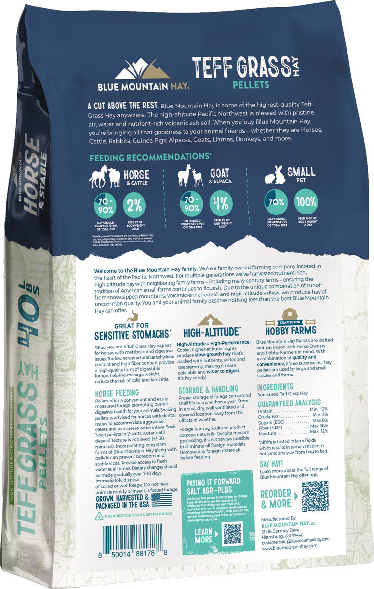 Blue Mountain Hay High-Altitude Teff Grass Hay Pellet Horse Feed, 40-lb