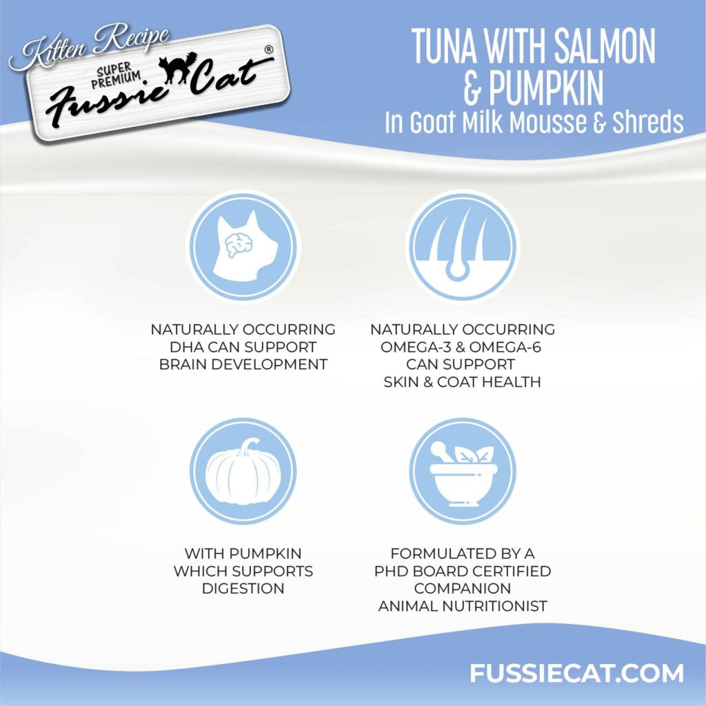Fussie Cat Tuna with Salmon in Goat Milk Mousse Kitten Pouch, 1.5-oz case of 12