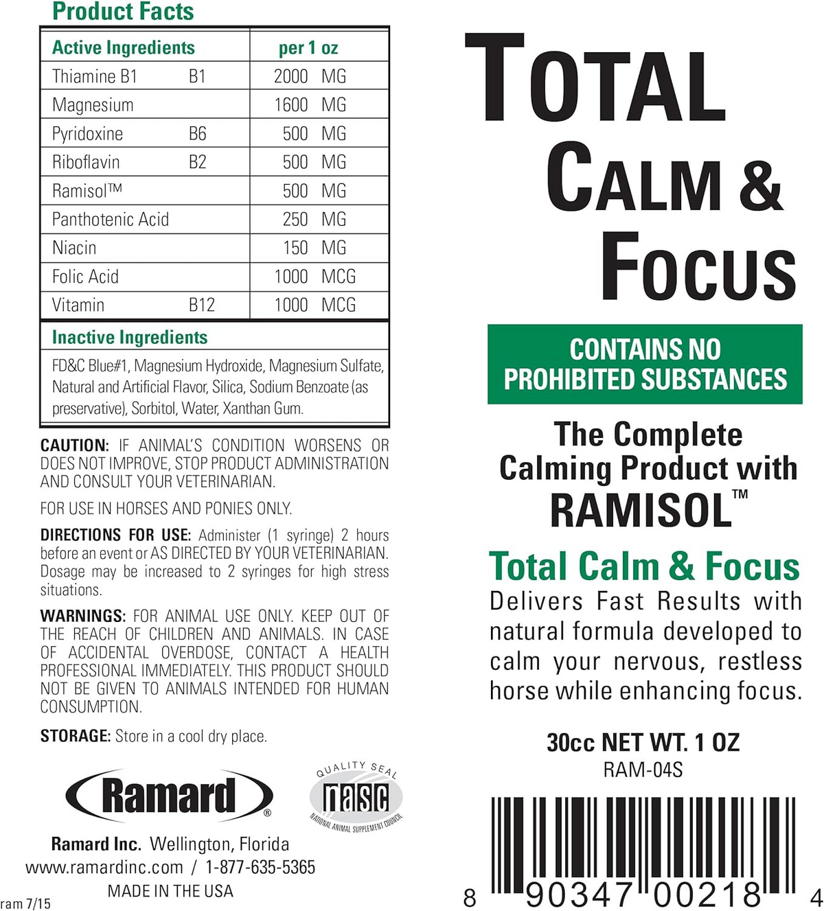 Ramard Total Calm & Focus Paste Supplement For Horses (30 cc)