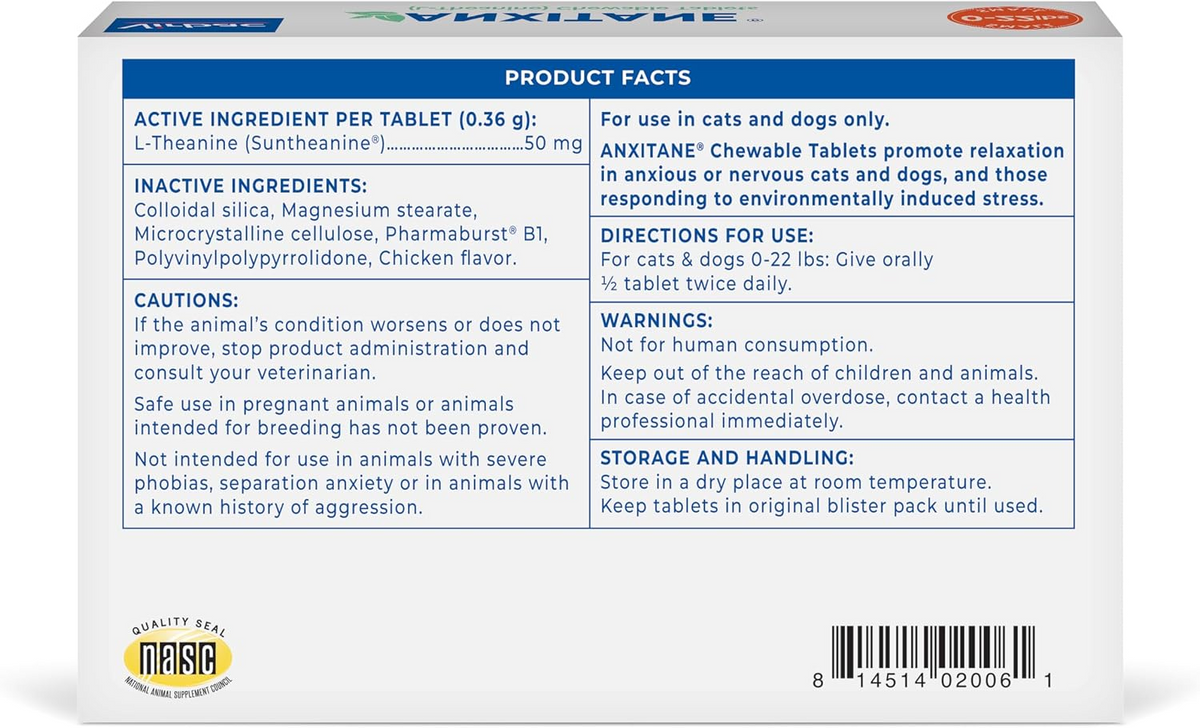Anxitane Chewable Tablets for Cats & Small Dogs, 30 tablets