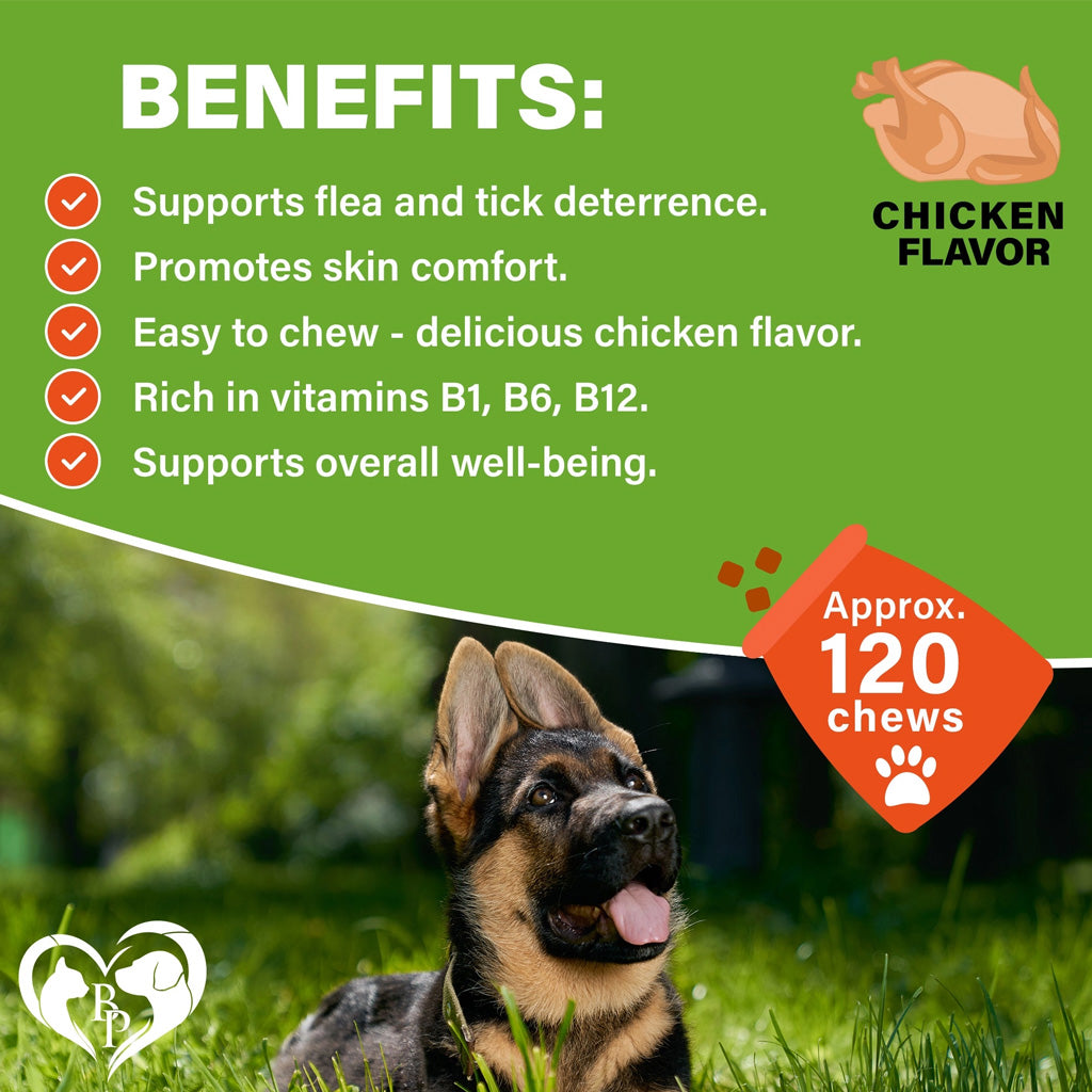 Beloved Pets Flea & Tick Support Chicken Flavor Chewable Supplements for Dogs, 10-oz