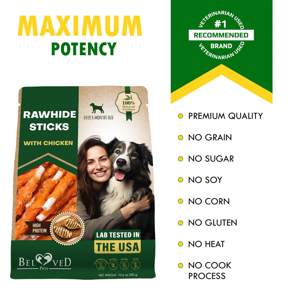 Beloved Pets Rawhide Sticks with Chicken Dog Chew Treats, 10.6-oz