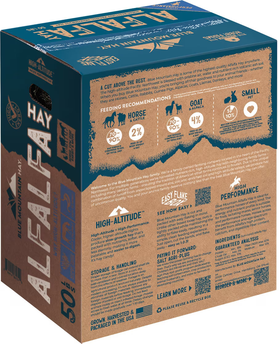 Blue Mountain Hay High-Altitude Alfalfa Hay Easy Flake Box Horse Feed, 50-lb
