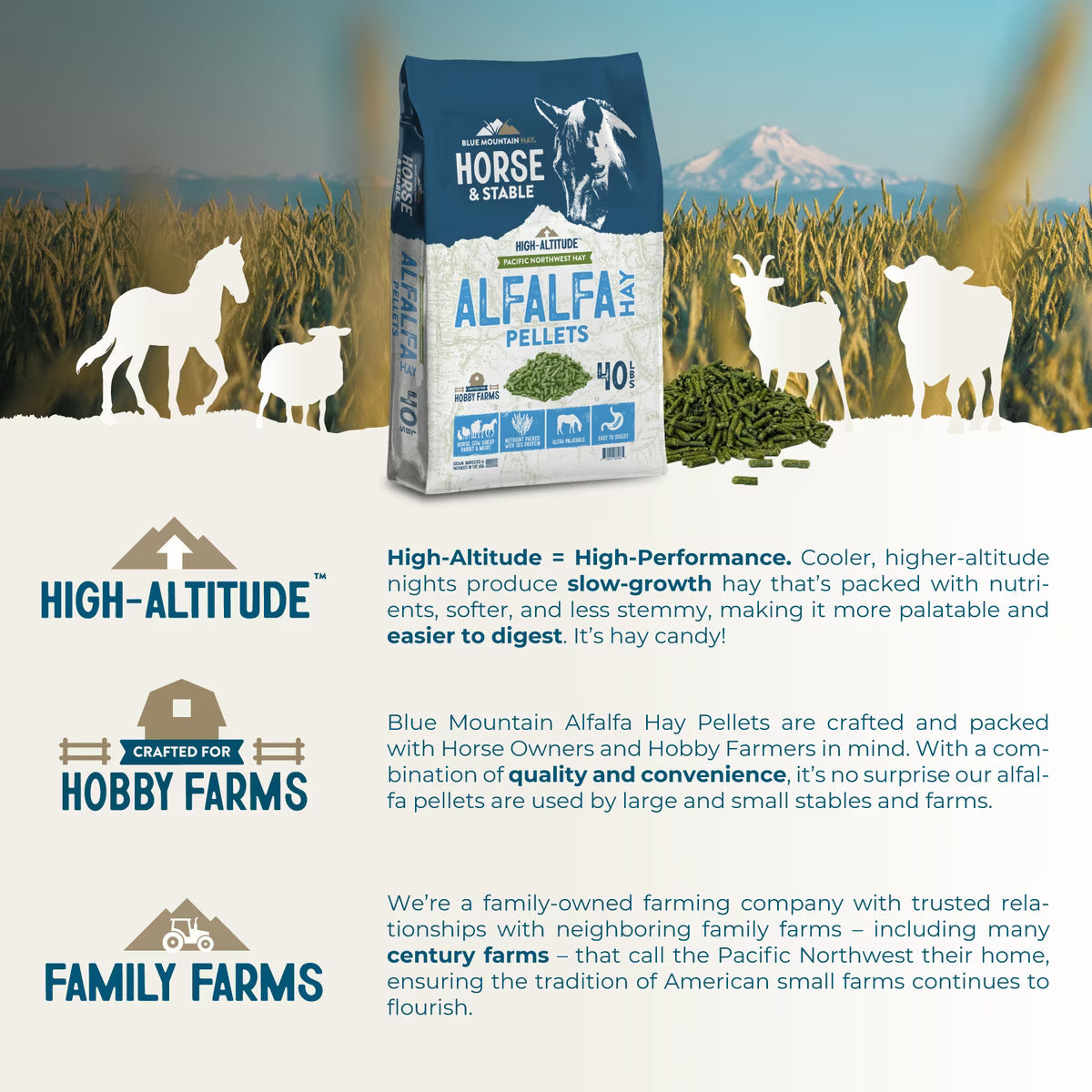 Blue Mountain Hay High-Altitude Alfalfa Hay Pellets Horse Feed, 40lb