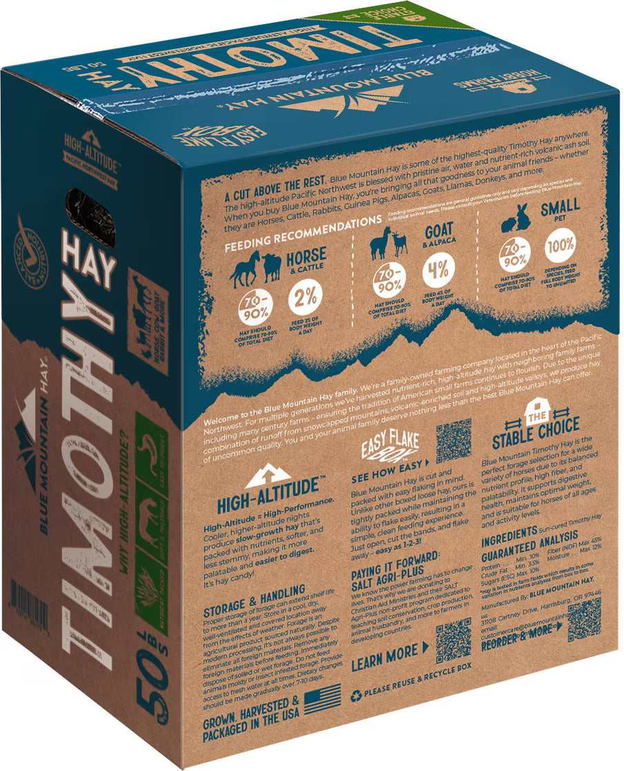 Blue Mountain Hay High-Altitude Timothy Hay Easy Flake Box Horse Feed, 50-lb