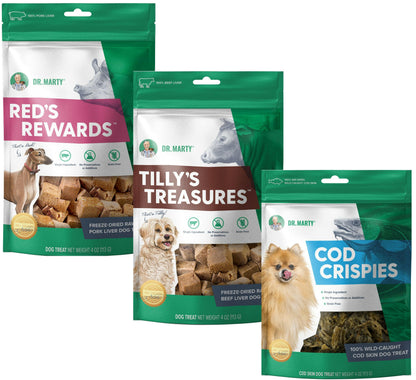 Dr. Marty Freeze Dried Raw Dog Treat Bundle - Beef Liver, Cod Skin, and Pork Liver