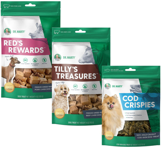 Dr. Marty Freeze Dried Raw Dog Treat Bundle - Beef Liver, Cod Skin, and Pork Liver