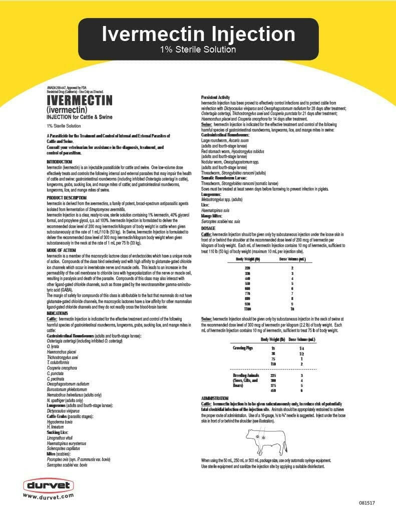 Durvet Ivermectin Injection 1% for Cattles and Swines
