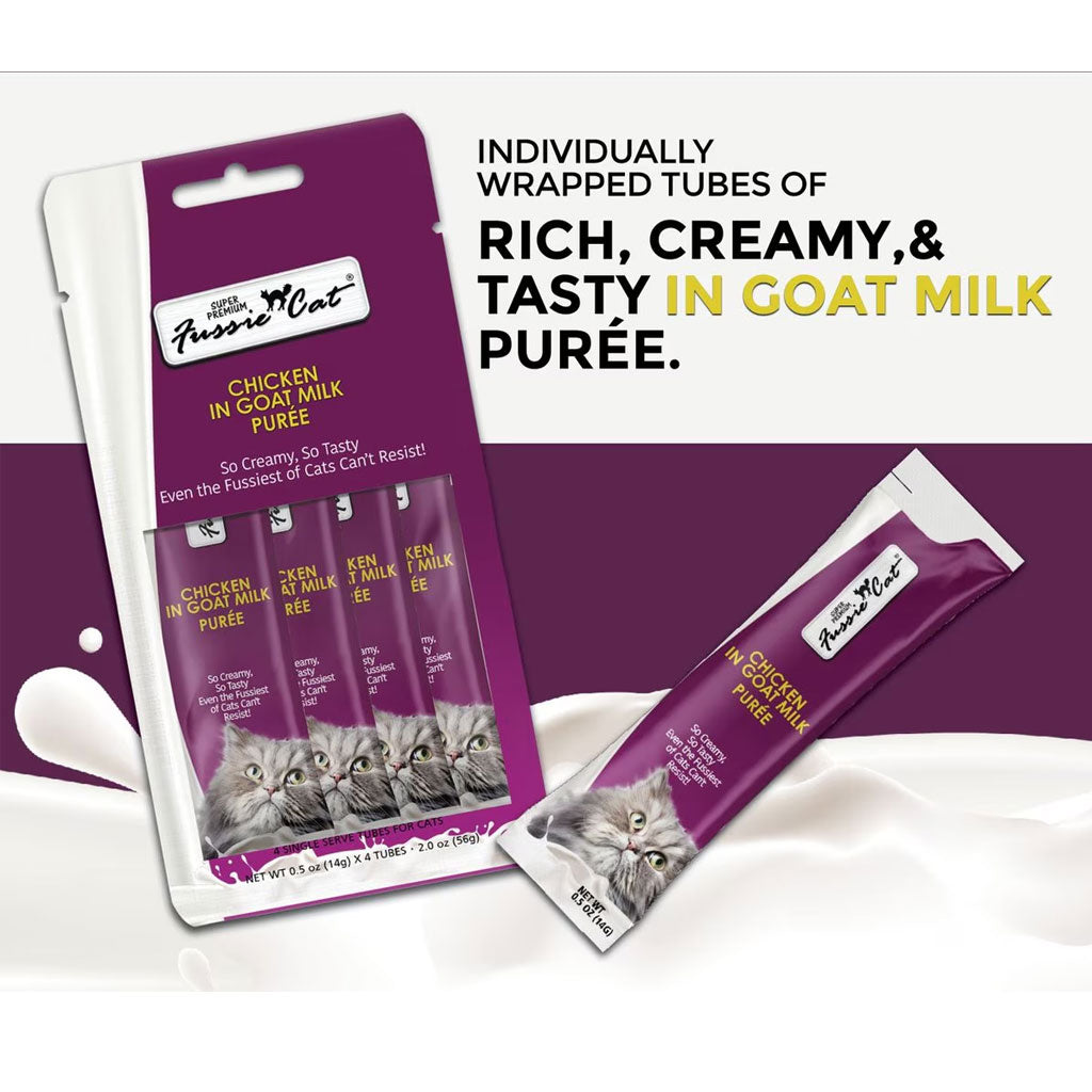 Fussie Cat Chicken in Goat Milk Puree Lickable Cat Treats, 0.5-oz x 4-tubes