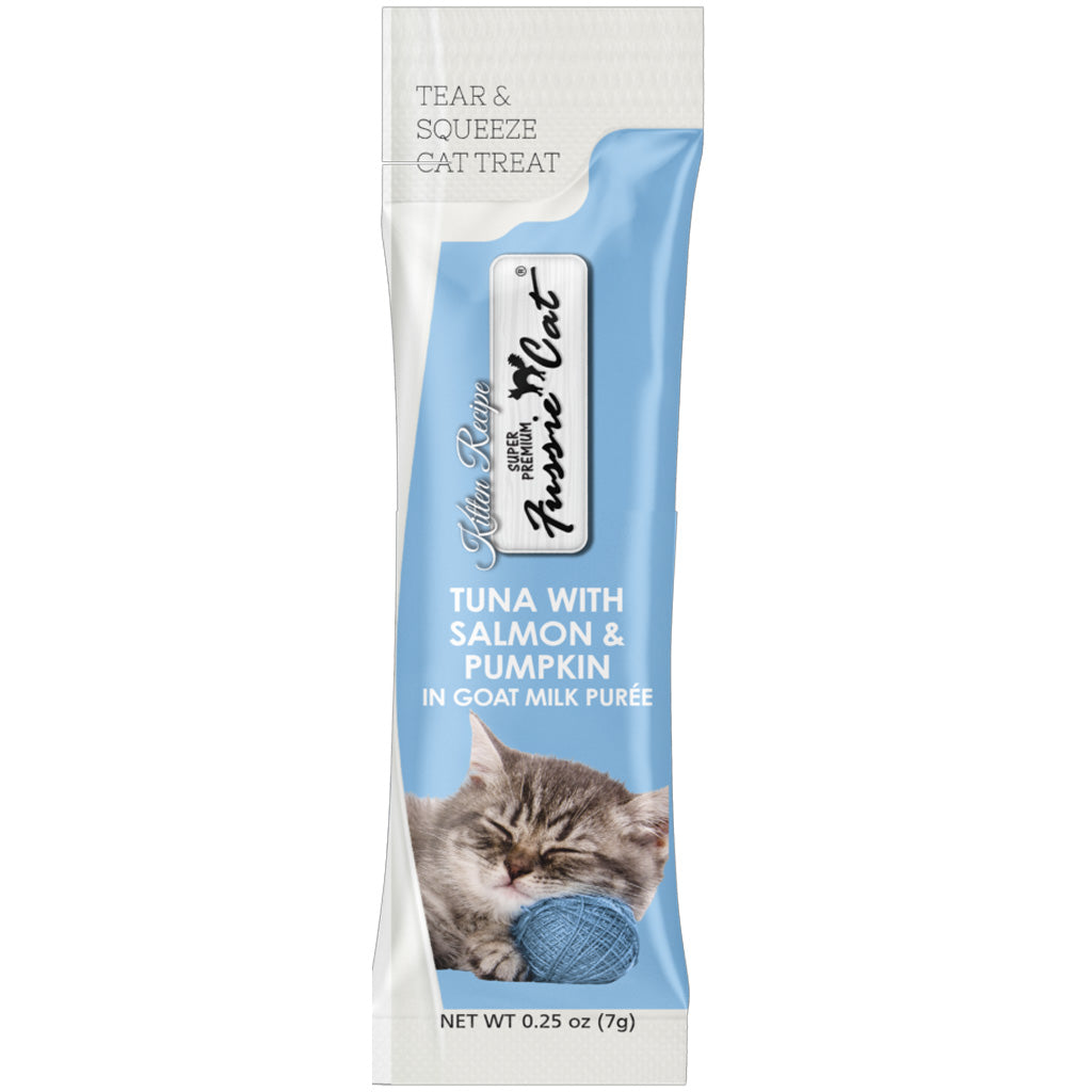 Fussie Cat Tuna, Salmon & Pumpkin in Goat Milk Puree Lickable Kitten Recipe, 0.5-oz tube, 4-count