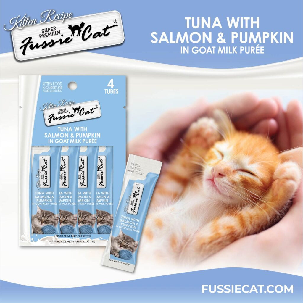 Fussie Cat Tuna, Salmon & Pumpkin in Goat Milk Puree Lickable Kitten Recipe, 0.5-oz tube, 4-count