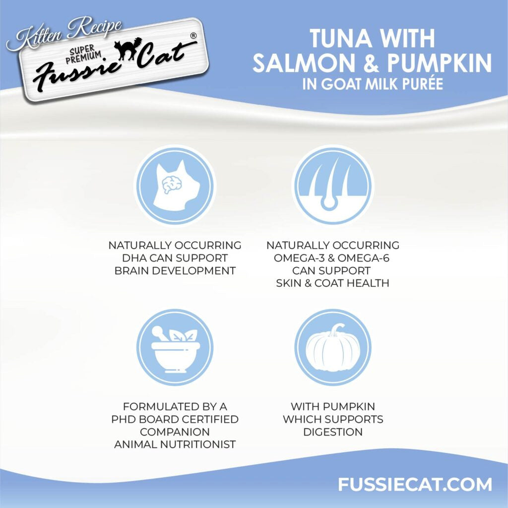 Fussie Cat Tuna, Salmon & Pumpkin in Goat Milk Puree Lickable Kitten Recipe, 0.5-oz tube, 4-count
