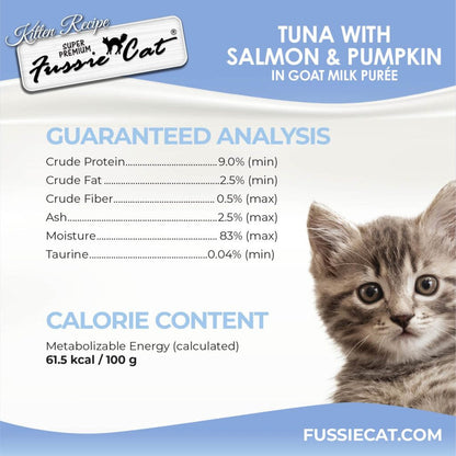 Fussie Cat Tuna, Salmon & Pumpkin in Goat Milk Puree Lickable Kitten Recipe, 0.5-oz tube, 4-count