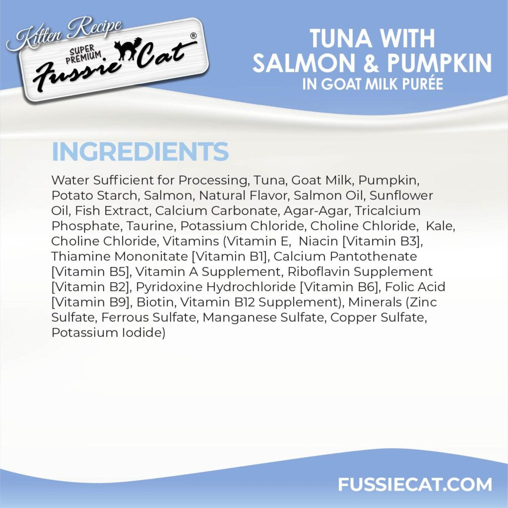 Fussie Cat Tuna, Salmon & Pumpkin in Goat Milk Puree Lickable Kitten Recipe, 0.5-oz tube, 4-count