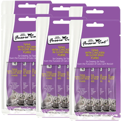 Fussie Cat Tuna with Chicken in Goat Milk Puree Lickable Cat Treats, 0.5-oz x 4-tubes