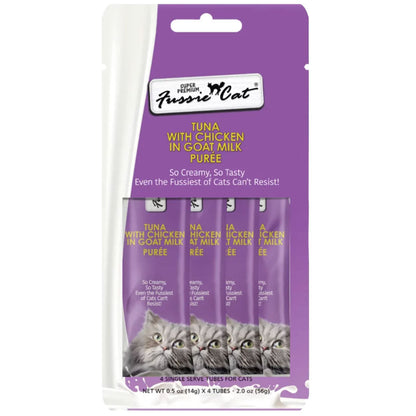 Fussie Cat Tuna with Chicken in Goat Milk Puree Lickable Cat Treats, 0.5-oz x 4-tubes
