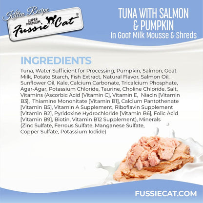 Fussie Cat Tuna with Salmon in Goat Milk Mousse Kitten Pouch, 1.5-oz case of 12