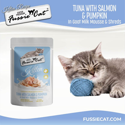 Fussie Cat Tuna with Salmon in Goat Milk Mousse Kitten Pouch, 1.5-oz case of 12