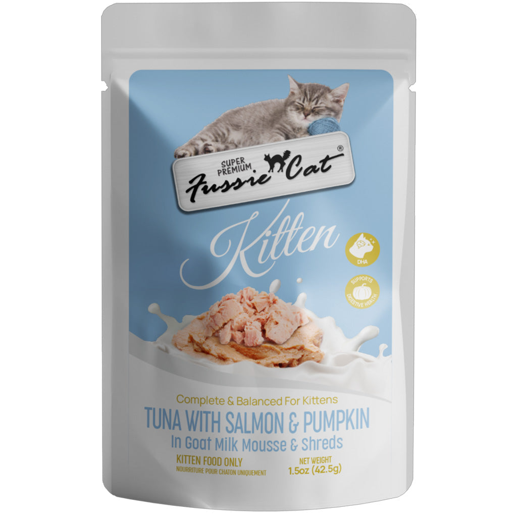 Fussie Cat Tuna with Salmon in Goat Milk Mousse Kitten Pouch, 1.5-oz case of 12