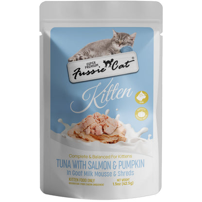 Fussie Cat Tuna with Salmon in Goat Milk Mousse Kitten Pouch, 1.5-oz case of 12
