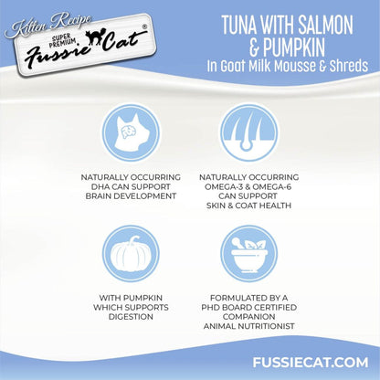 Fussie Cat Tuna with Salmon in Goat Milk Mousse Kitten Pouch, 1.5-oz case of 12