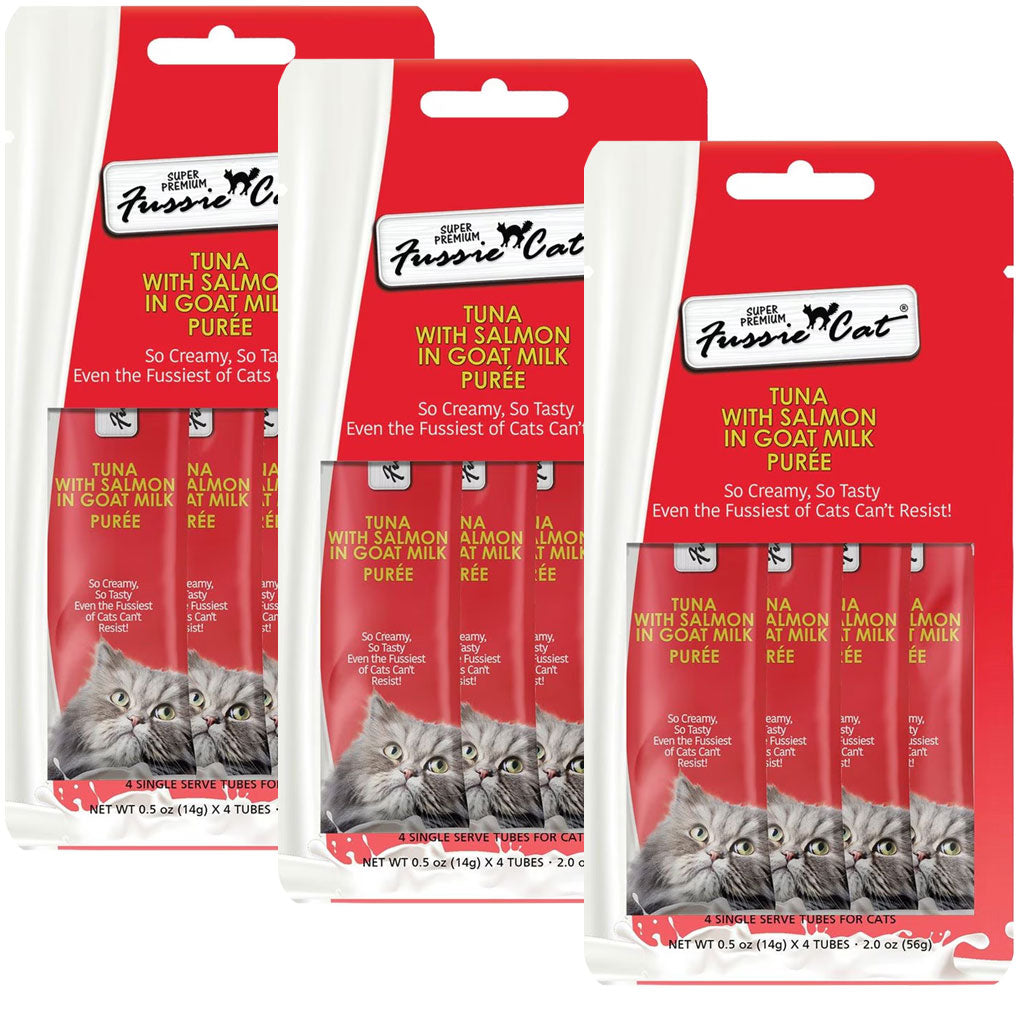 Fussie Cat Tuna with Salmon in Goat Milk Puree Lickable Cat Treats, 0.5-oz x 4-tubes