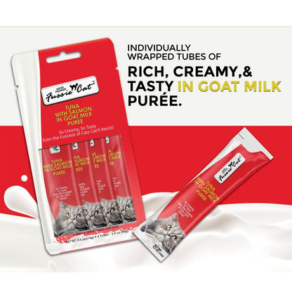 Fussie Cat Tuna with Salmon in Goat Milk Puree Lickable Cat Treats, 0.5-oz x 4-tubes