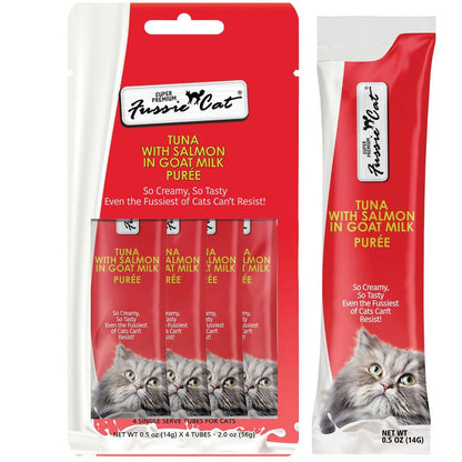 Fussie Cat Tuna with Salmon in Goat Milk Puree Lickable Cat Treats, 0.5-oz x 4-tubes