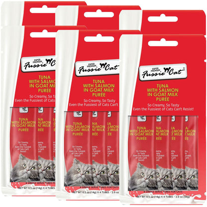 Fussie Cat Tuna with Salmon in Goat Milk Puree Lickable Cat Treats, 0.5-oz x 4-tubes