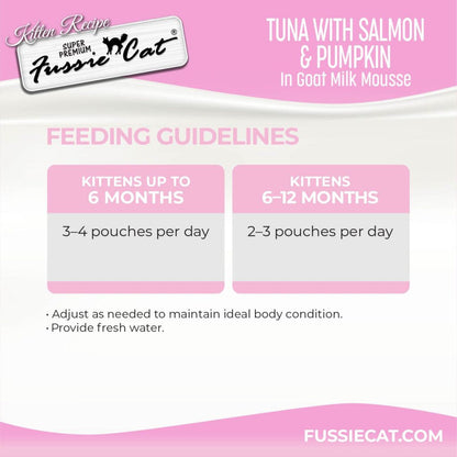 Fussie Cat Tuna with Salmon in Goat Milk Shreds Kitten Pouch, 1.5-oz case of 12