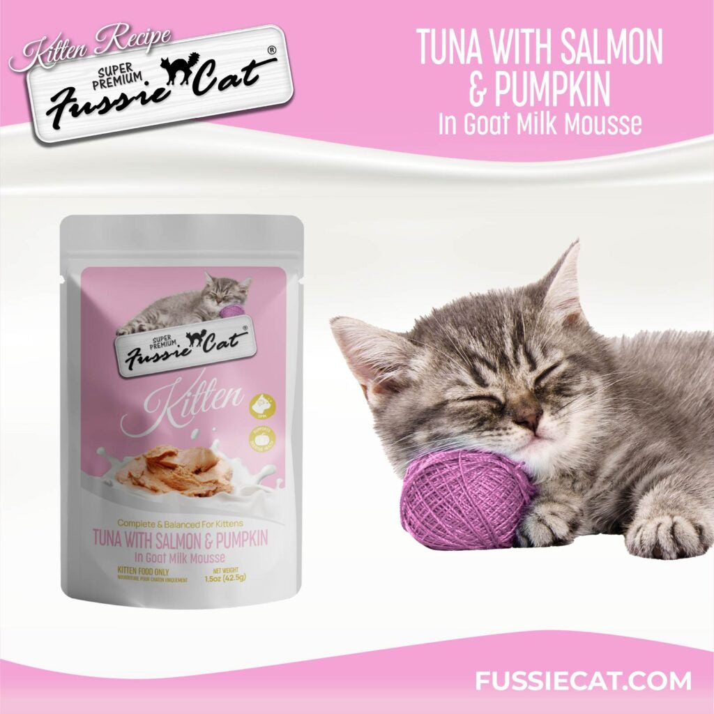 Fussie Cat Tuna with Salmon in Goat Milk Shreds Kitten Pouch, 1.5-oz case of 12
