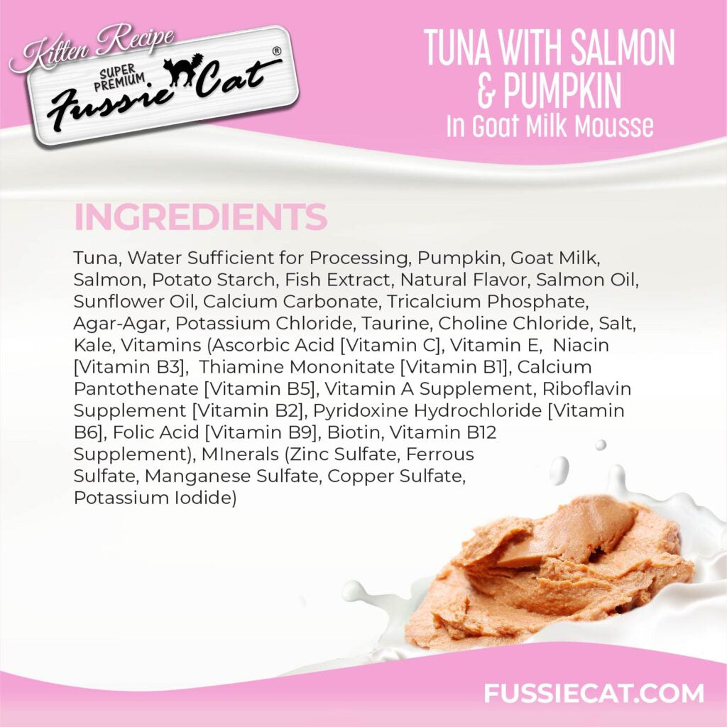 Fussie Cat Tuna with Salmon in Goat Milk Shreds Kitten Pouch, 1.5-oz case of 12