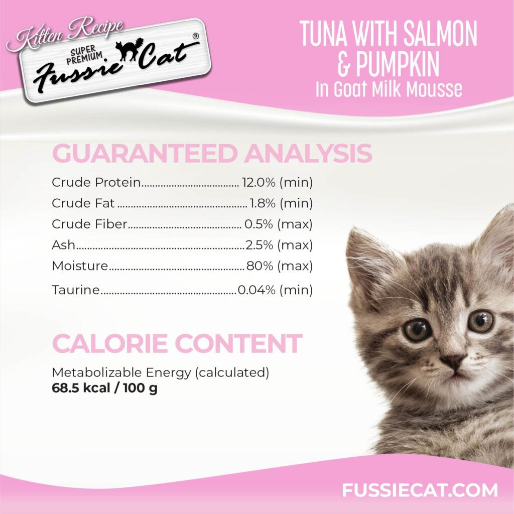 Fussie Cat Tuna with Salmon in Goat Milk Shreds Kitten Pouch, 1.5-oz case of 12