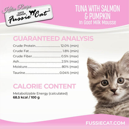 Fussie Cat Tuna with Salmon in Goat Milk Shreds Kitten Pouch, 1.5-oz case of 12