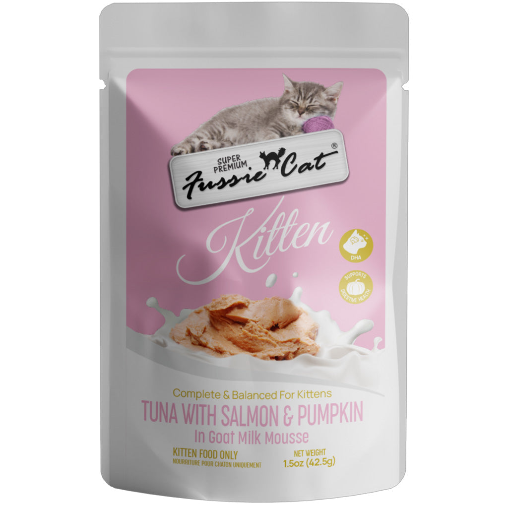 Fussie Cat Tuna with Salmon in Goat Milk Shreds Kitten Pouch, 1.5-oz case of 12