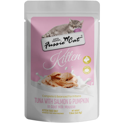 Fussie Cat Tuna with Salmon in Goat Milk Shreds Kitten Pouch, 1.5-oz case of 12