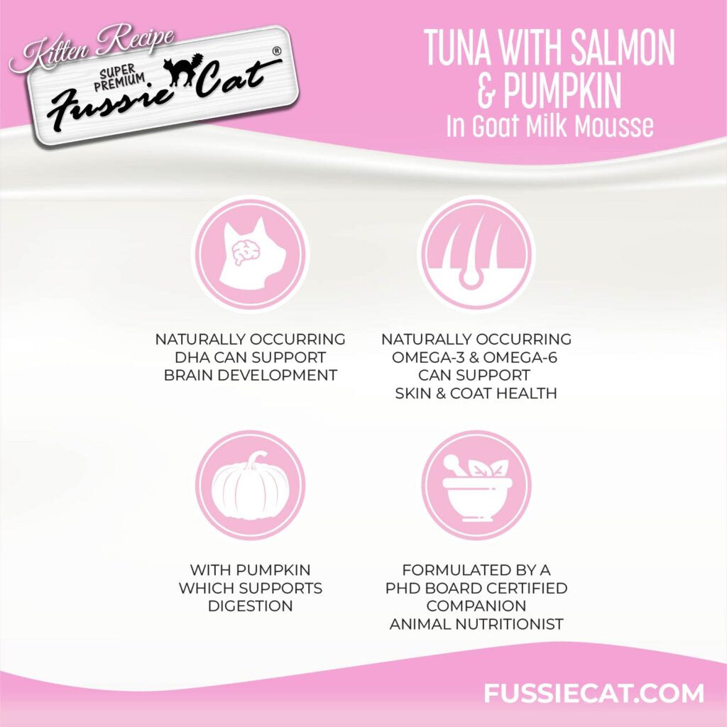 Fussie Cat Tuna with Salmon in Goat Milk Shreds Kitten Pouch, 1.5-oz case of 12
