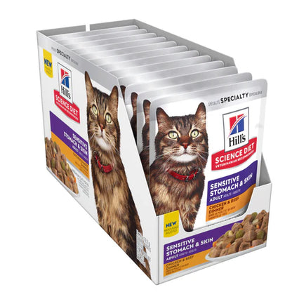 Hill's Science Diet Adult Sensitive Stomach & Skin Wet Cat Food, Chicken & Beef  (2.8 oz x 24 pouches)