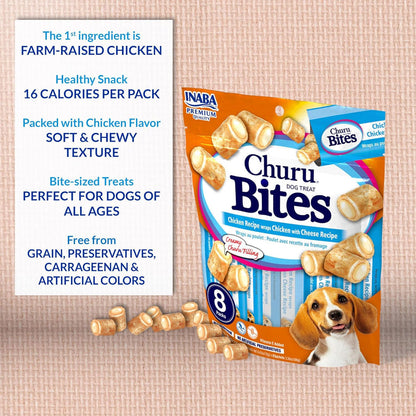 Inaba Churu Bites Chicken Recipe wraps Chicken with Cheese Dog Treats, 0.42-oz X 8 Tubes