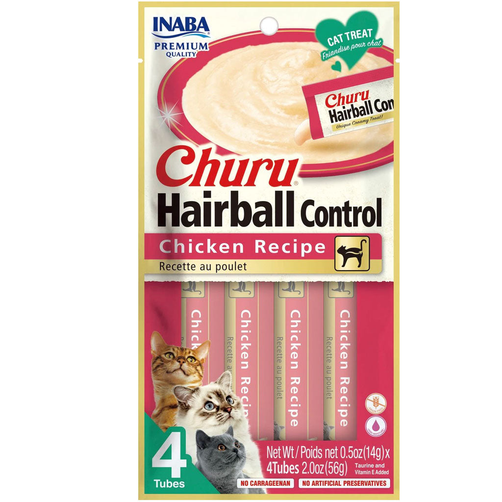 Inaba Churu Indoor Care Chicken Recipe Puree Grain-Free Lickable Treat for Cats, 0.5-oz x 4-tubes