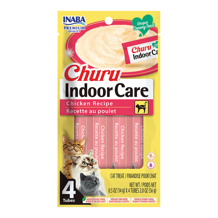 Inaba Churu Indoor Care Chicken Recipe Puree Grain-Free Lickable Treat for Cats, 0.5-oz x 4-tubes