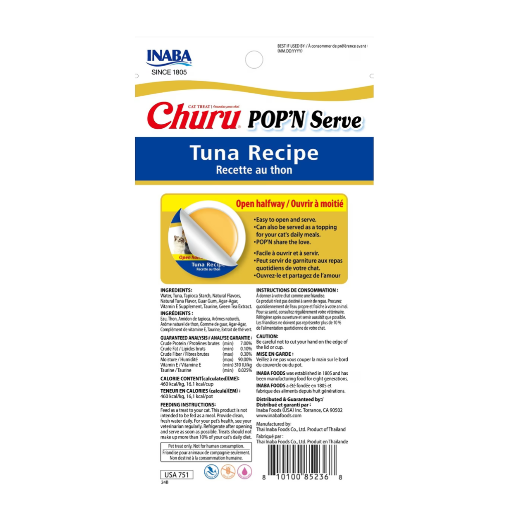 Inaba Churu Pop'n Serve Tuna Recipe Grain-Free Lickable Cat Treats, 1.2-oz cup