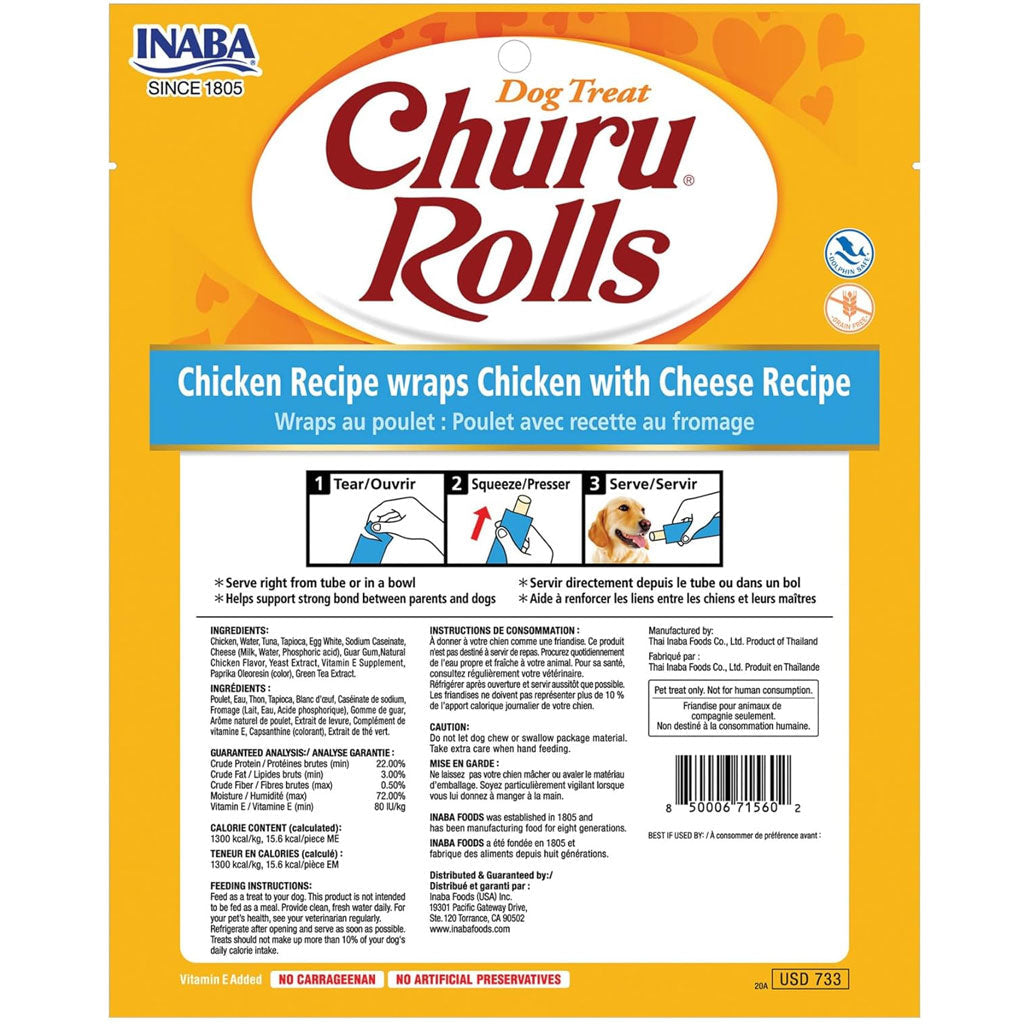 Inaba Churu Rolls Chicken Recipe wraps Chicken with Cheese Dog Treats, 0.42-oz X 8 Tubes