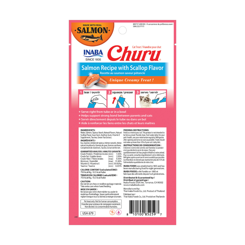Inaba Churu Salmon with Scallop Recipe Lickable Cat Treats, 0.5-oz tube
