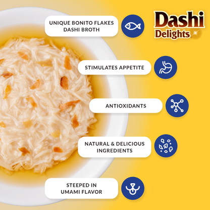 Inaba Dashi Delights Chicken with Tuna & Salmon Recipe Flakes in Broth Cat Food Topping, 2.5-oz cup (Pack of 6)