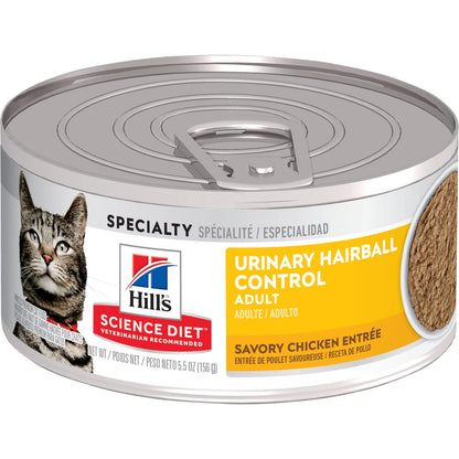 Hill's Science Diet Adult Urinary & Hairball Control Canned Cat Food, Savory Chicken Entrée, 5.5 oz (5.5 oz x 24 cans)