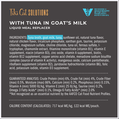 Tiki Cat Solutions Liquid Meal Replacer Tuna in Goat's Milk for Cats (6 oz x 6 pouches)